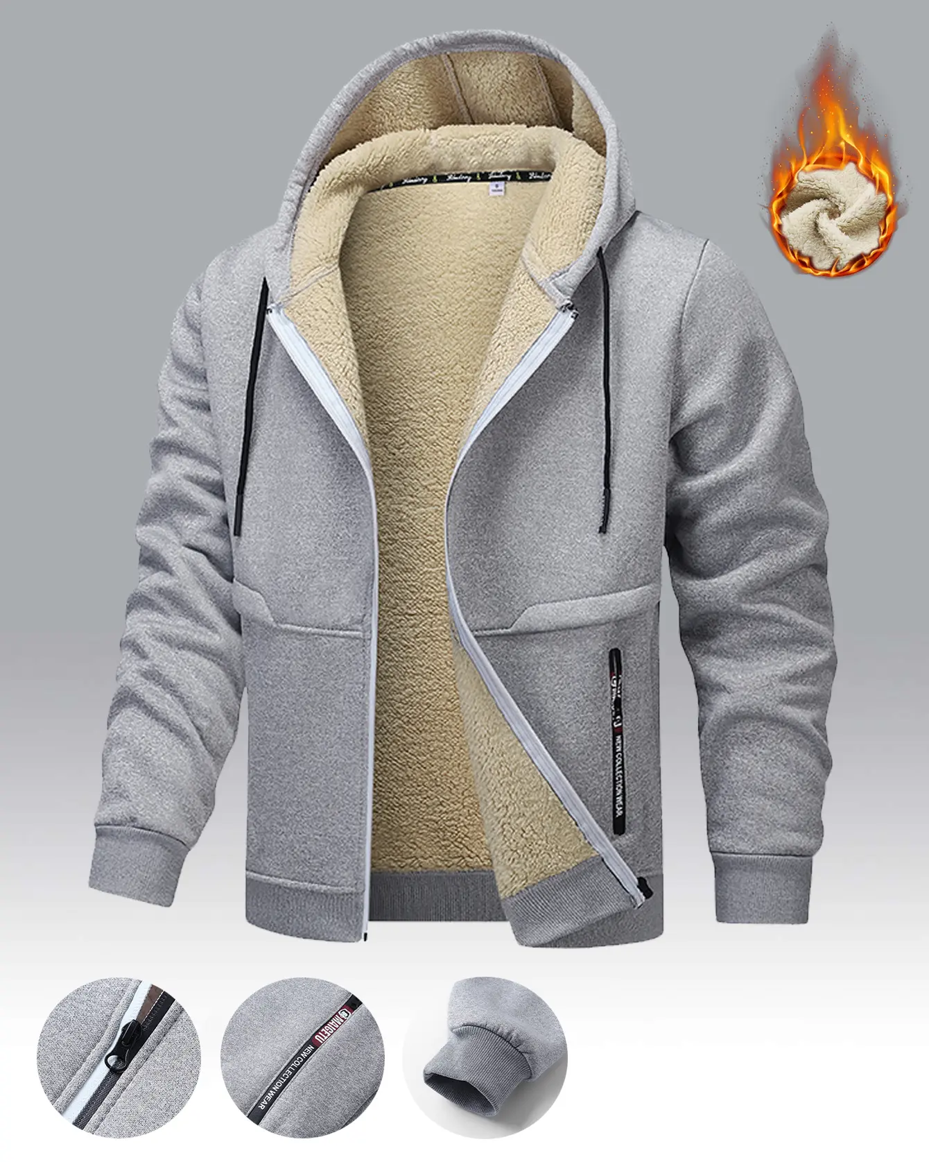 Men's Winter Loose Knitting Fleece Hoodie Jacket - Thick Warm Fabric Longsleeves, Adjustable Drawstring Hood, Ribbed Cuffs, Zippered Front Closure, Plain Design for Outdoors Hikes, Casual Wear, Wardrobe Essential