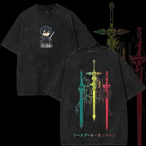 Vintage Limited SAO Kirito x Asuna Sword Art Online Anime Double-Sided Printed Retro Oversized Washed Graphic T-Shirt, Casual Y2K Oversize Anime Manga Acid Wash Graphic Tee, Unisex Cotton Streetwear Otaku Top Fit, Gift For Fan Anime Lover