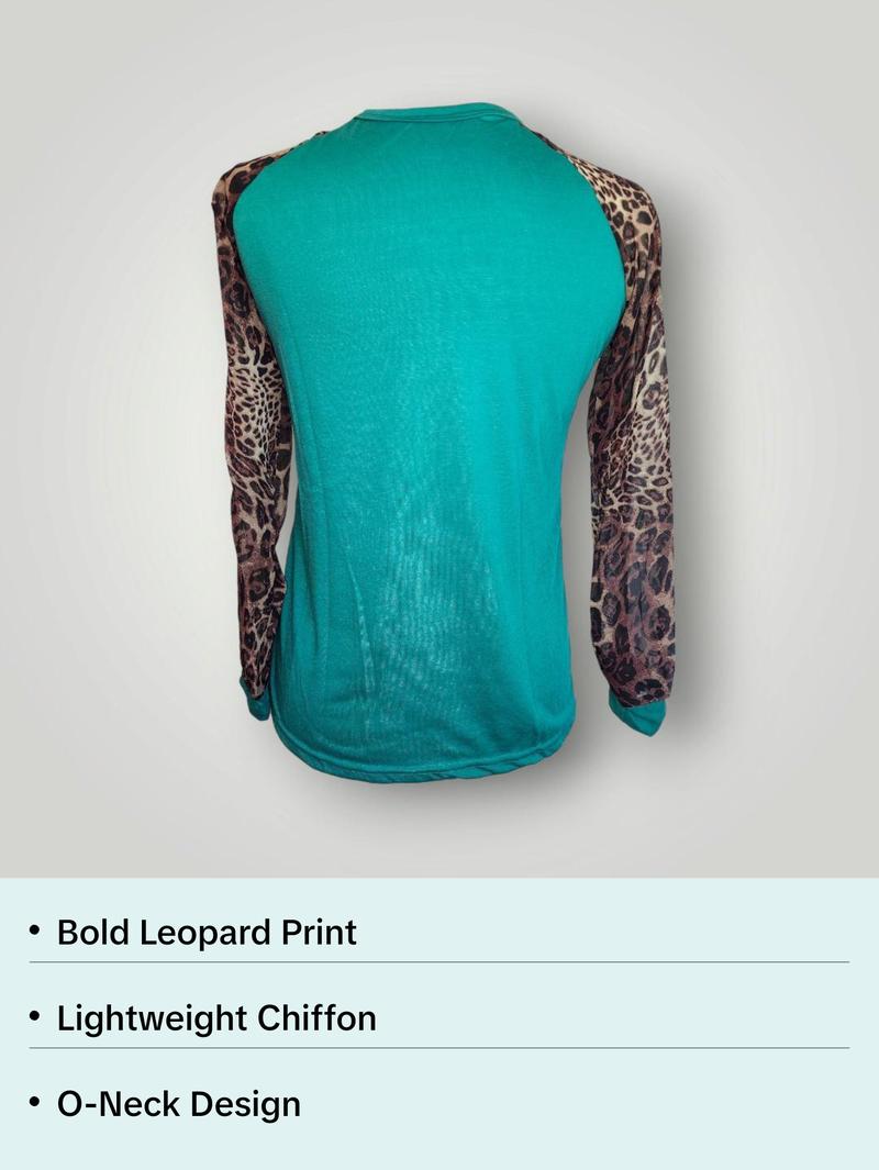 Sammie Jo Green Leopard Chiffon Shirt Long Sleeve Top Womenswear Blouse Lady Sleeve Shirt Fashion Round Neck Longsleeves Summer Comfort Casual long  sleeve  shirt  women
