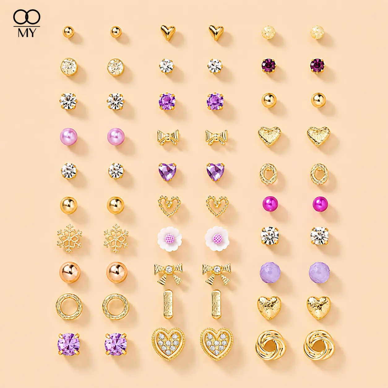 OO-MY Women's 30-Pair Hypoallergenic Zinc Alloy Gold-Plated Stud Earrings Stack - Lightweight Trendy Costume Jewelry with Geometric, Hearts&Flowers Designs for Everyday, Casual Wear