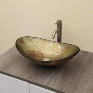 Kichae 21 Inch Glass Bathroom Vessel Sink Vanity Countertop Oval Bowl with Chrome Pop-Up Drain Set, Glass Art Basin, Plasma Silver Foil