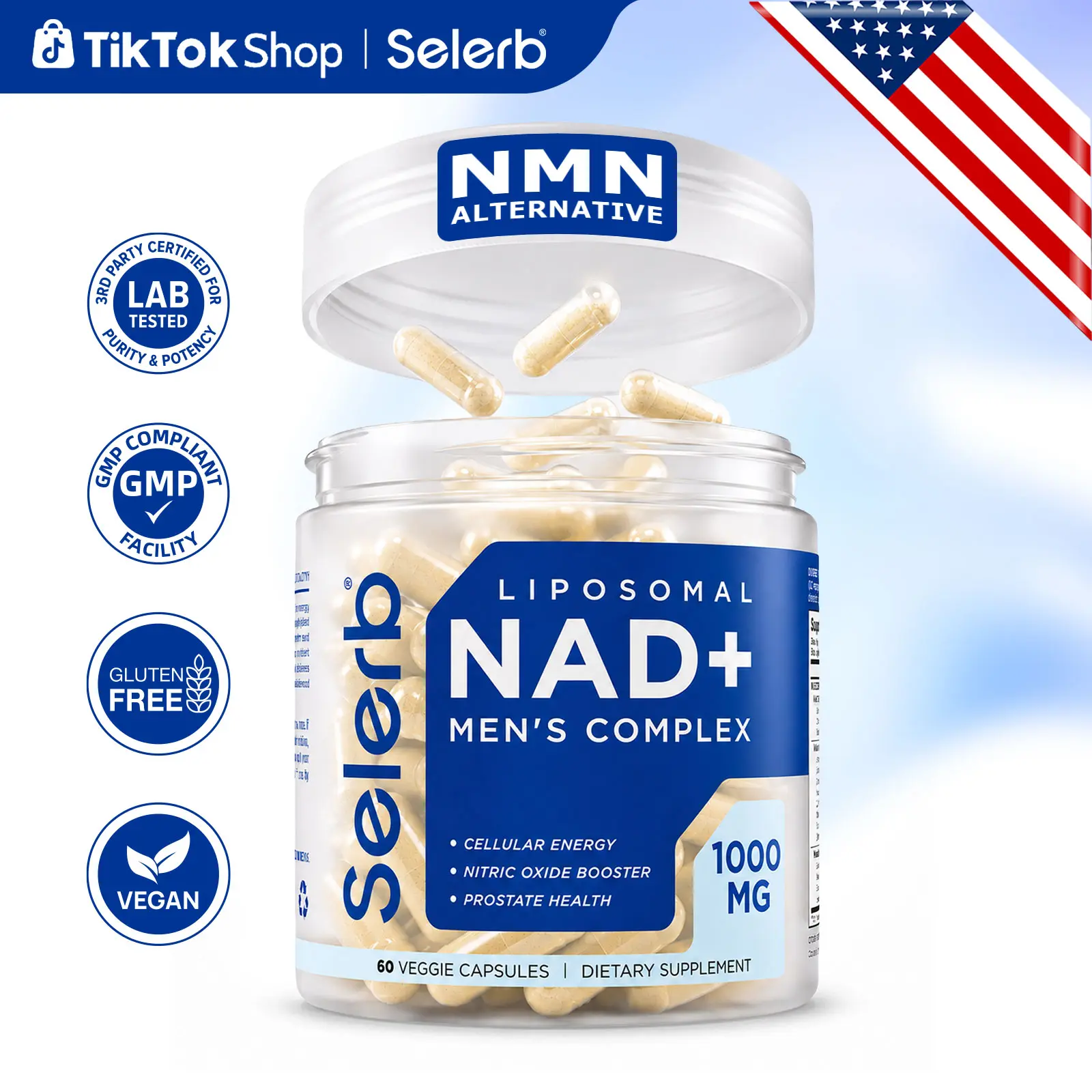 Selerb NAD+ Supplement for Men – With  Liposomal-NAD+,CoQ10, L-Carnitine, L-Arginine, Maca & Ashwagandha Fitness – Energy, Circulation & Prostate Support – 60 Capsules Edible Dietary  Vitamin Healthcare Natural