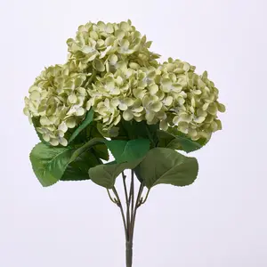 Pale Green Silk Hydrangea Blooms Faux Bush Stem Bouquet - 18"