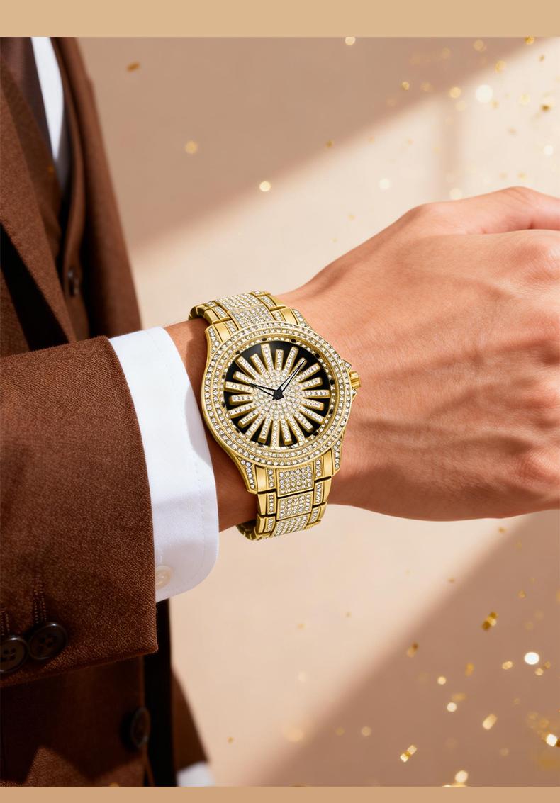 Men's Diamond - Encrusted Gold Watch, Business Quartz Chronograph with RotatingDiamond Dial, Sparkling Effect, WaterResistant, Party Daily Wear Birthday Gift (With Box)