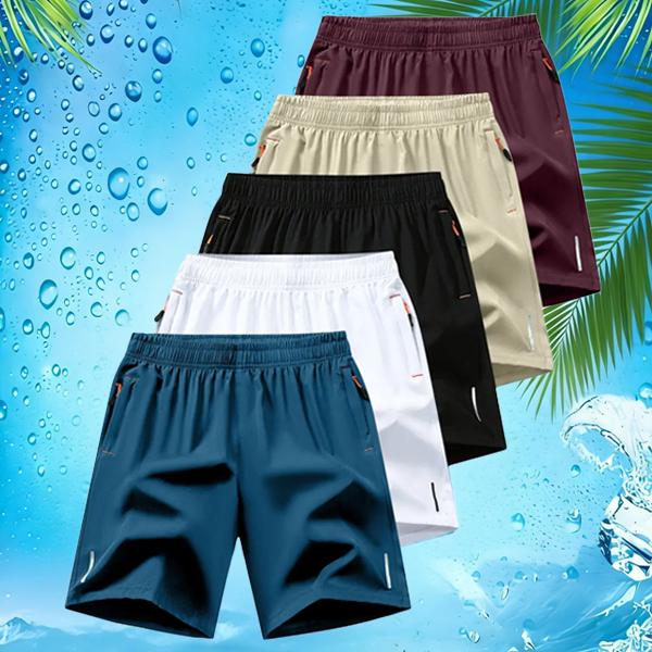 5-Pack Solid Color Lightweight Training Shorts — Vacation Essential, Versatile for Light/Casual Wear, Summer Street Style, Ice-Cool Quick-Dry, Zippered Pockets, Available in Multiple Colors Men's Lightning Print