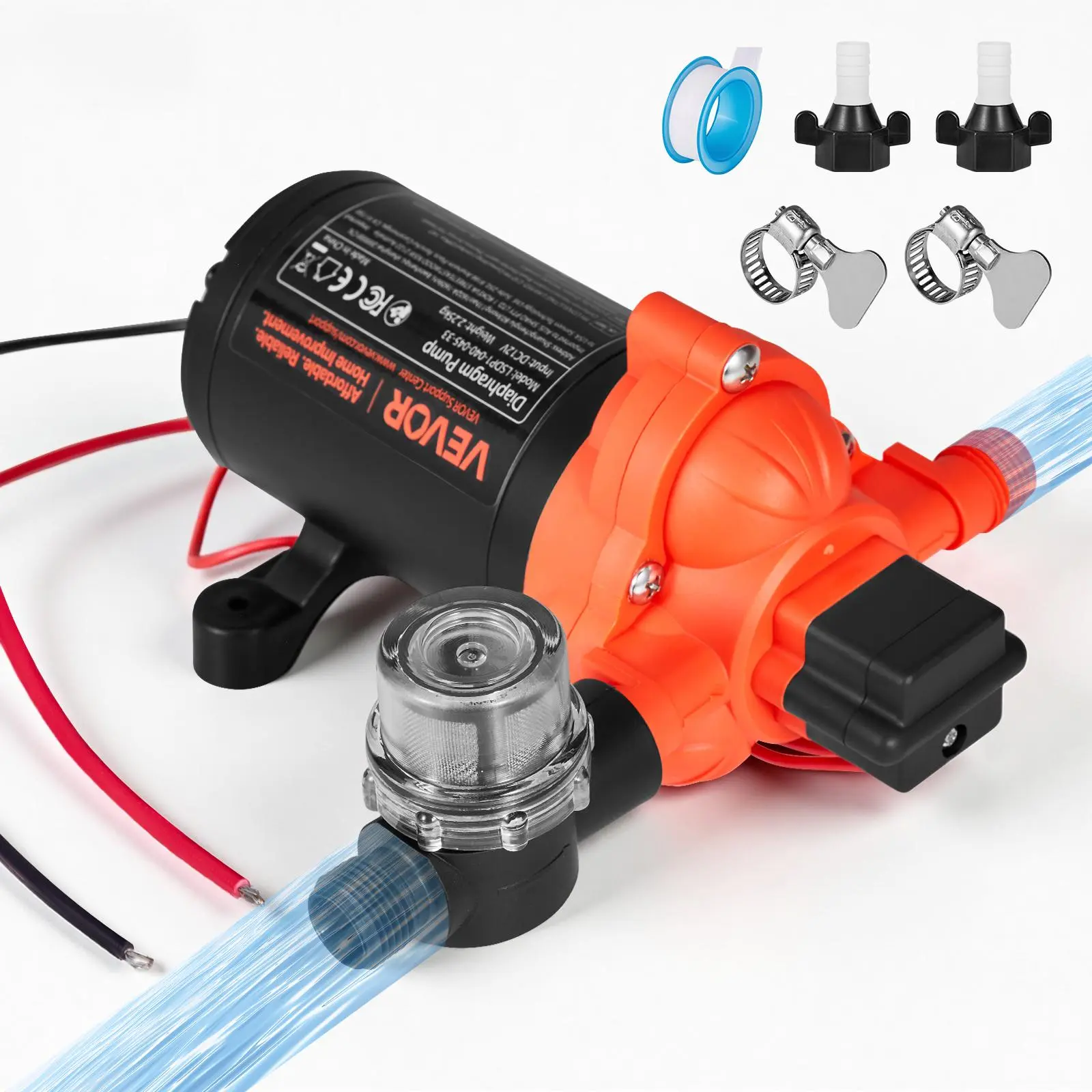 VEVOR 12V DC Copper Motor Self-Priming Diaphragm Pump, 4GPM Flow, 40 PSI Max Pressure, 1/2-inch Hose Connection, Auto Control Pressure Switch, Debris Filter Block, Hose Adapter for Caravans, Sprinklers