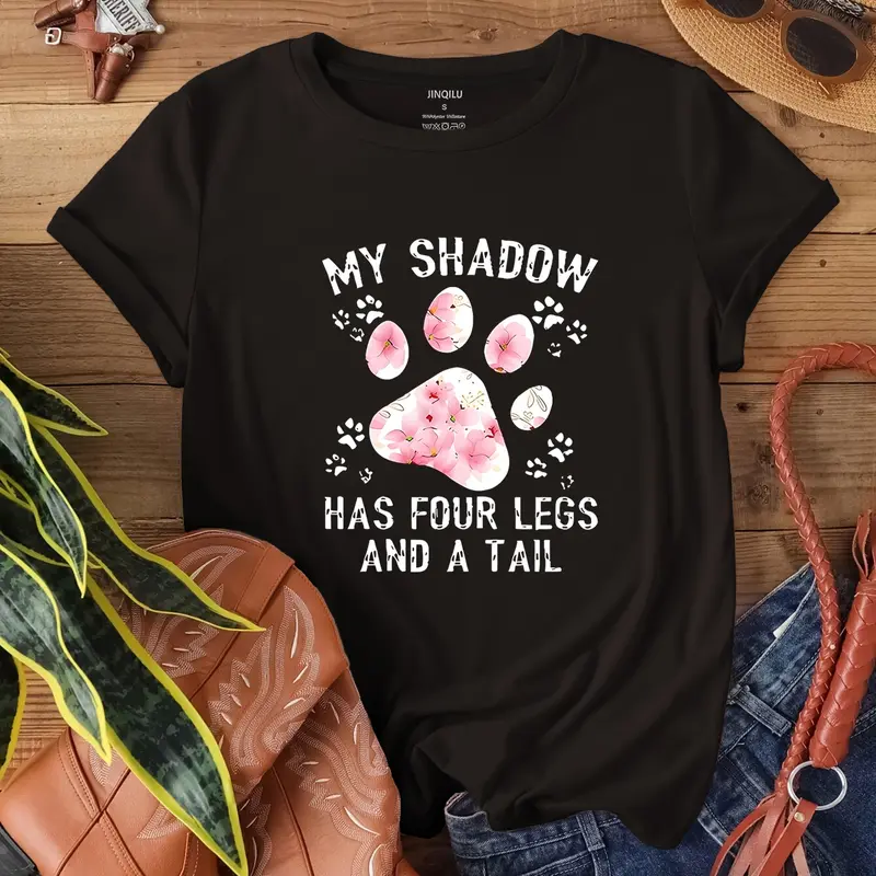2025New Letter-Dog Paw Printed T-Shirt: Cotton Breathable Washable, Cute Dog Paw Pattern, Fit for Commute/Outings Round Neck Style