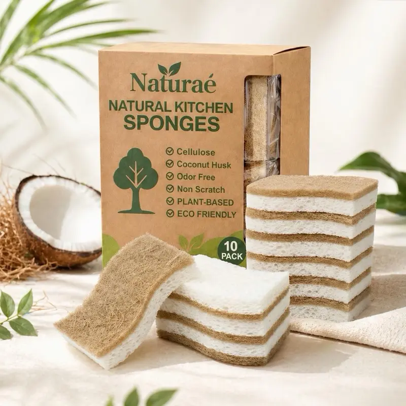 Cellulose Kitchen Sponges – Individually Wrapped Coconut Cellulose Sponge Set (10 Pack), Hygienic & Odor-Free, Non-Scratch Eco Friendly Dish Scrubber, Plant-Based Natural Sponges for Kitchen Cleaning & Everyday Use