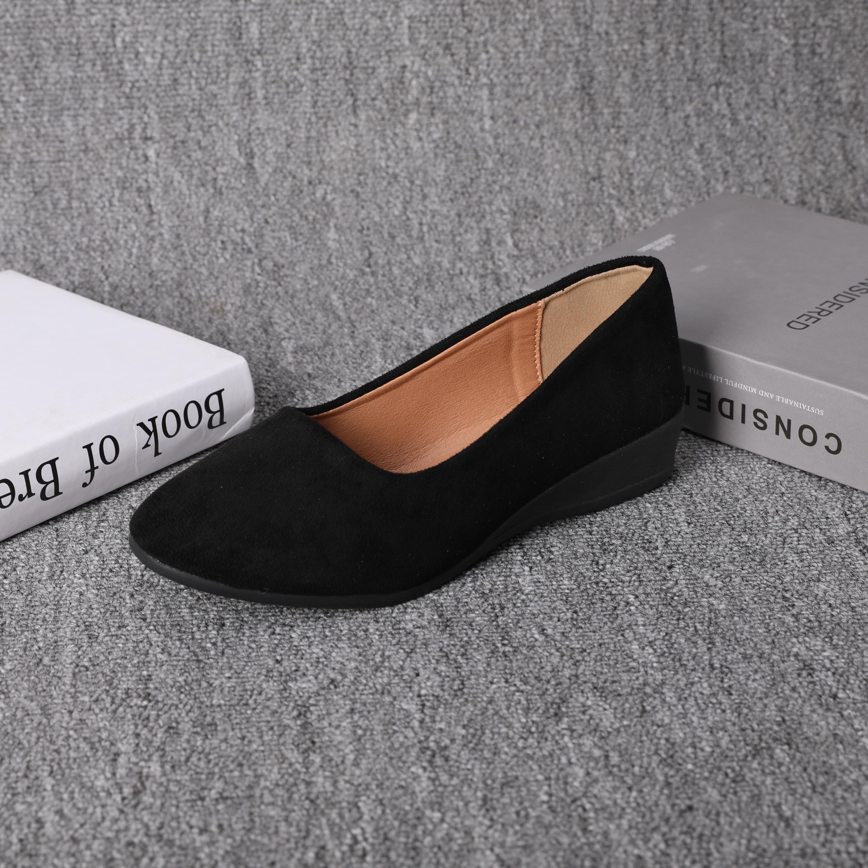 Women's Black Wedge Heels Work Shoes - Wide Fit Waterproof Rain Suede Pumps Round Toe Elegant Comfortable Insole Shallow Mouth Heeled Footwear Office Shoes for Women