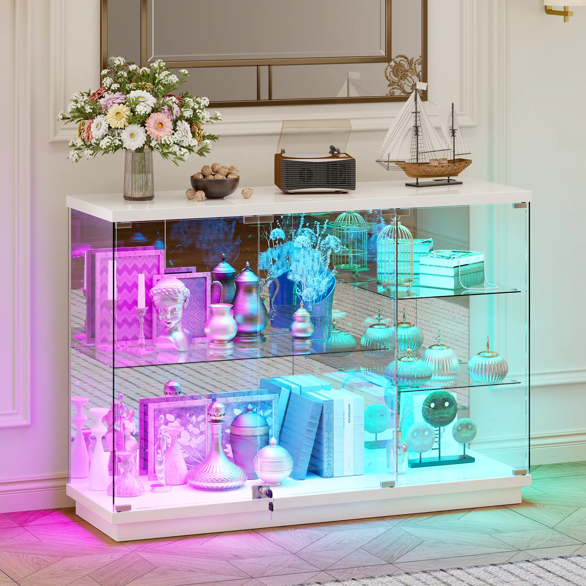 MIU 5-Tier Lockable Display Cabinet - with Glass Door,47.2" W Glass Display Case with 7+5 Lights Modes for Collectibles,Lighted Cabinet with Human Sensor,China Cabinet for Living Room