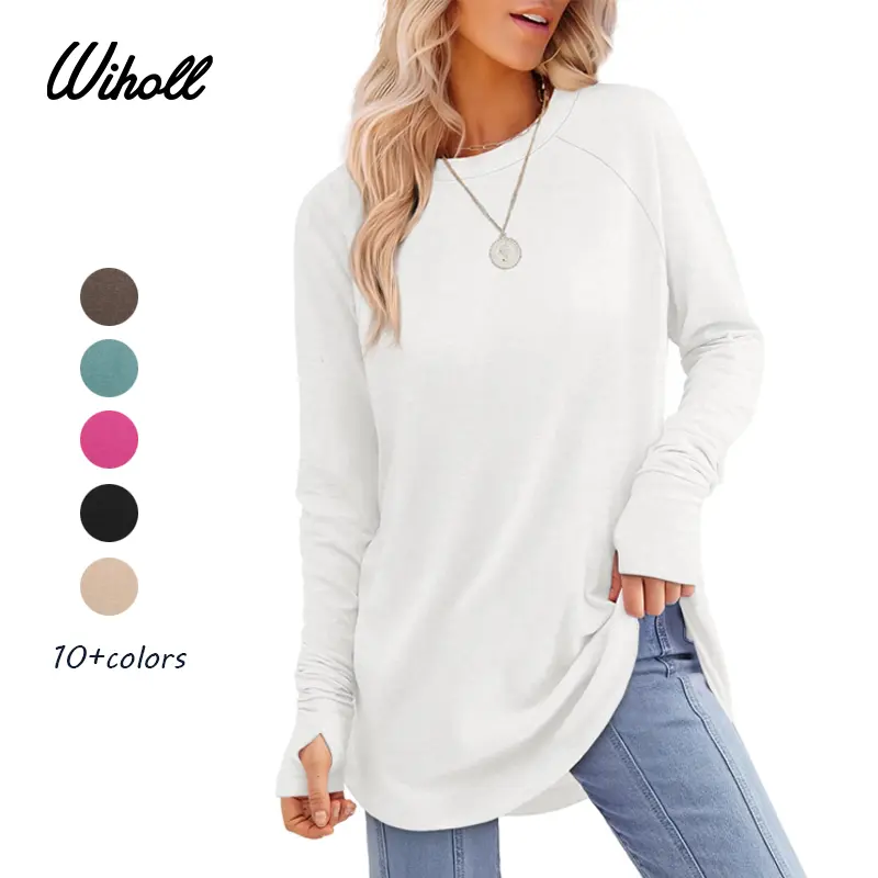 WIHOLL Women's Casual Tunic Tops to Wear with Leggings, Long Sleeve Round Neck Spandex Shirt with Thumb Holes and Curved Hem, Longsleeves, Women's Tops, Fabric, Cuffed Sleeve Women's T-Shirts,clothes for back to school,first day of school outfits