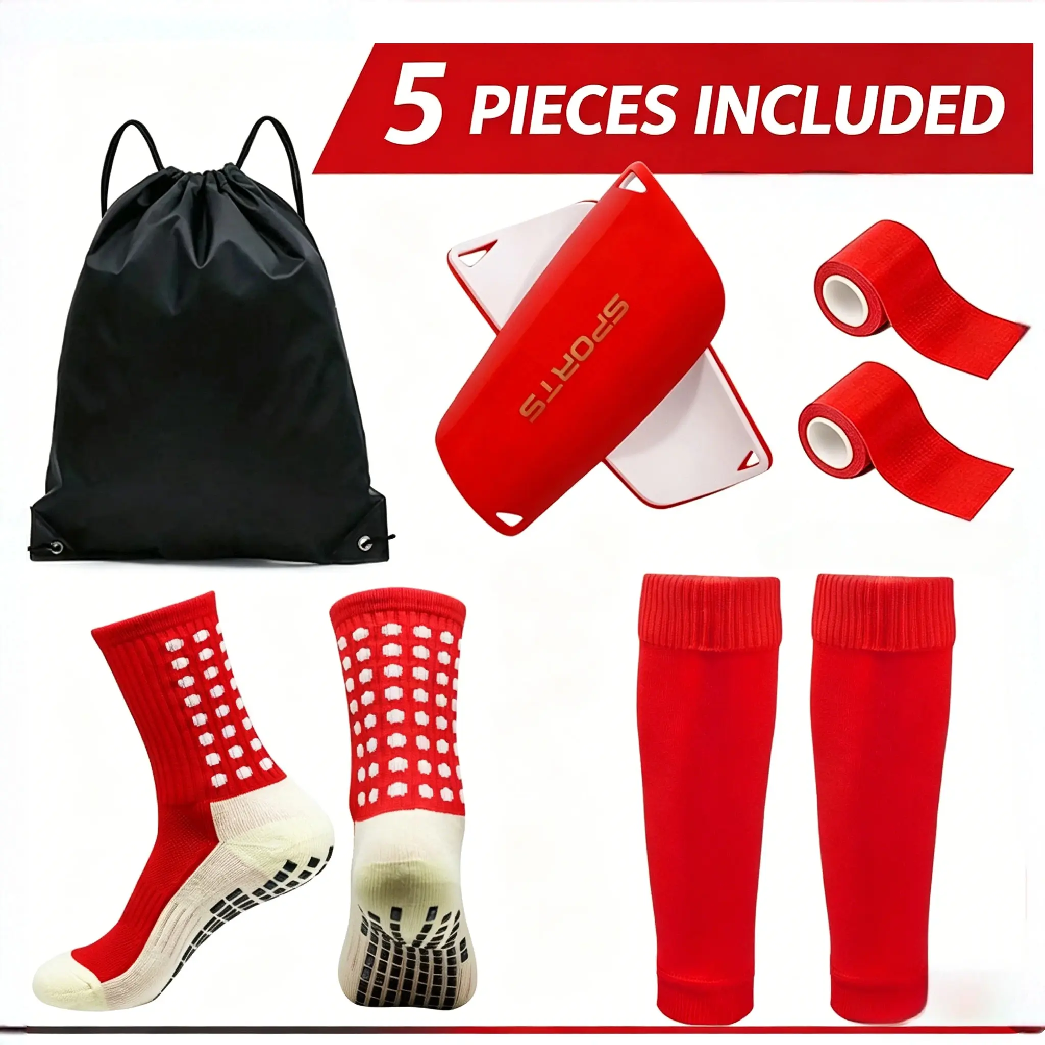 5Pcs Soccer Shin Guards Set - Non Slip Socks + Calf Sleeves + Shin Pads + Tape + Bag for Youth Adult Football Training