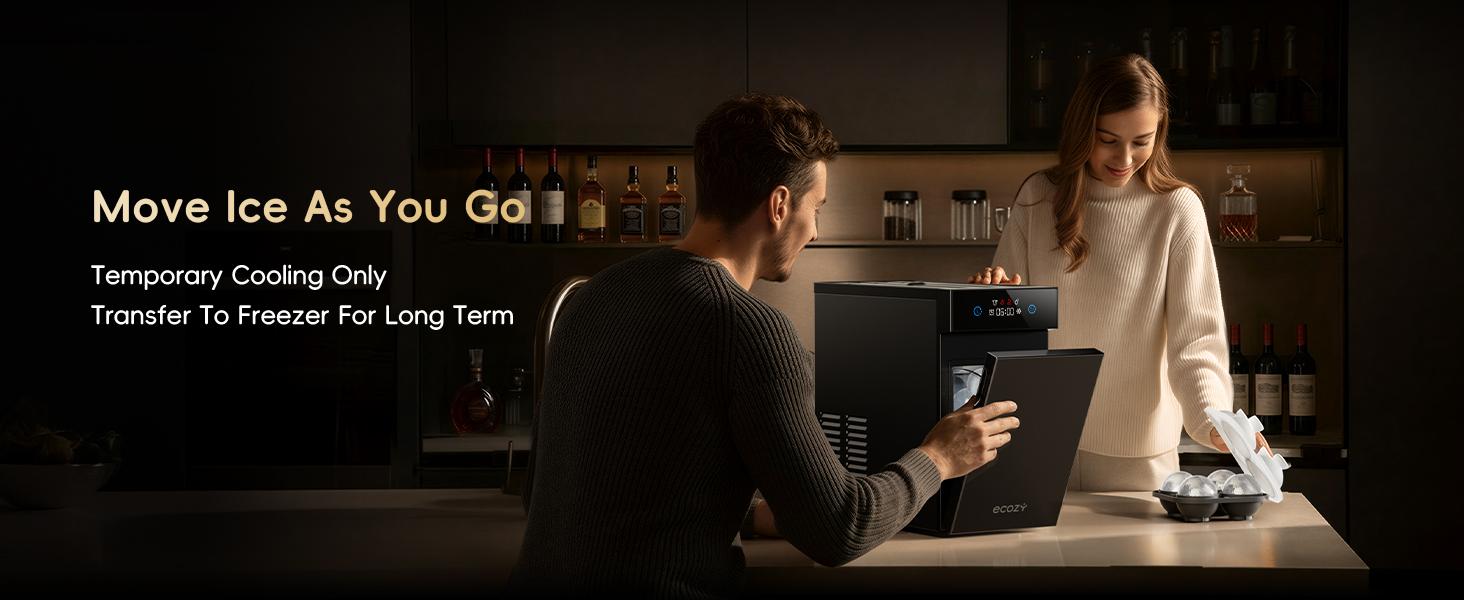 ecozy 2.1" Clear Ice Ball Maker with CrystalFlux Technology, Small Footprint Sphere Ice Maker with 8H Timer, 1 pcs in 30 Mins, 48 pcs/Day, Self-Cleaning, Automatic Ice Ball Maker for Home Bar Whiskey & Bourbon
