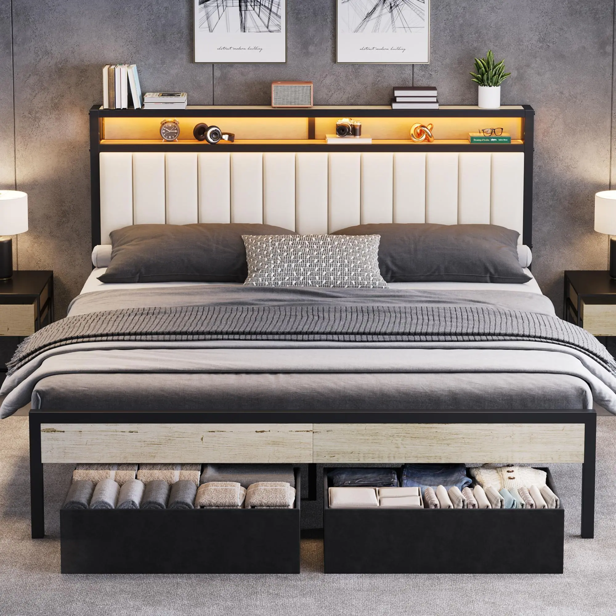 VanAcc Bed Frame with LED Light and 2 Storage Drawers, Metal Platform Bed with Storage Headboard, Velvet Upholstered, Heavy-Duty Slats, No Box Spring Needed, Easy Assembly #homemakeover