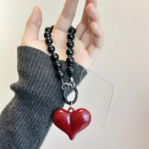 Red Heart Phone Chain Wrist Strap, Phone Case Lanyard, Exquisite Beaded Pendant Materials, Chain And Decorative Additions