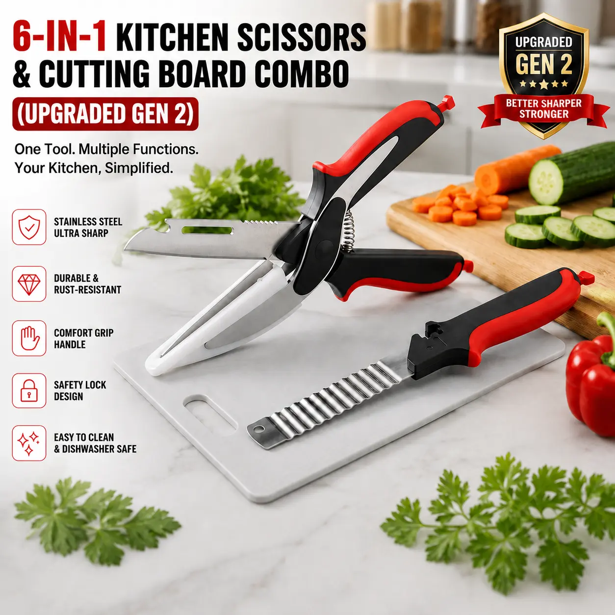 6-in-1 Multi-Function Gen 2 Upgrade Kitchen Scissors & Cutting Board Combo - Sharp Stainless Steel Blade Home Organizer, Kitchen Organization Tool for Food Preparation, Easy to Use Home Supply
