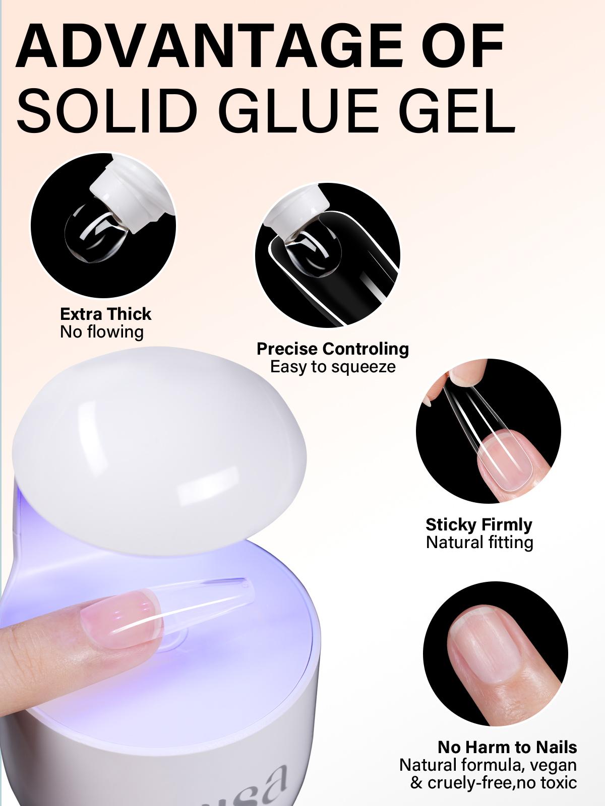 AILLSA Strong Hold Solid Gel Nail Glue 15g/30g UV Lamp Curing Needed Soak Off Long Lasting Easy to Apply Nail Glue for Clear Nail Tips Acrylic Nail Extension Fake Nail Press-ons Nailcare Manicure Cosmetic Winter Nails Glitter
