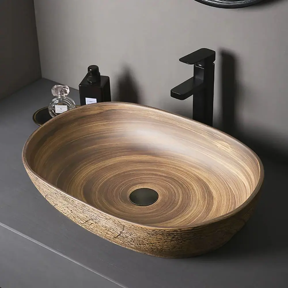 Homary Decorative Ceramic Bathroom Vessel Sink - 23.23" x 16.34" x 5.71" Oval Shape Retro Handmade Pattern Center Water Basin, 5-Year Limited Warranty, Bathroom Sinks