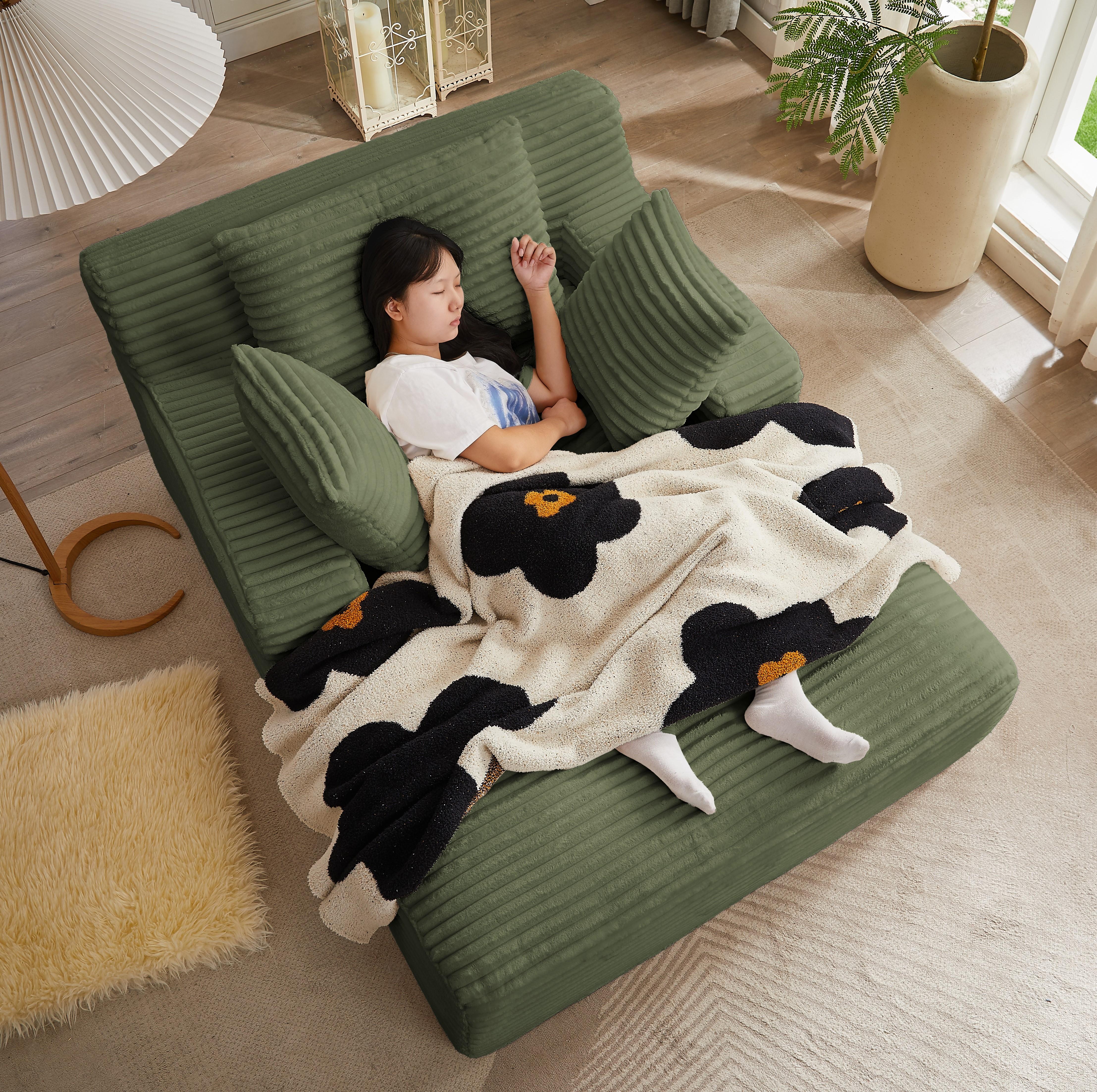 Boneless Couch Bed Chaise Oversized Lounge Series Plush Corduroy 1200LBS Load Bearing ，With Cup holder ，With Storage bag，No Assembly Required 24 Months Warranty，Upholstered Fluffy cloud sofa bed with Throw Pillows,Indoor Sleeper Chair