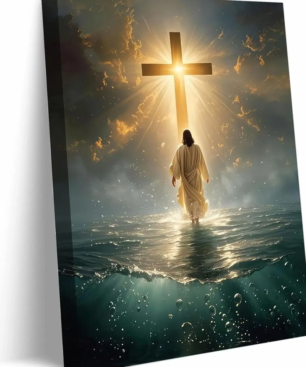 Jesus Walking On Water Canvas Wall Art Jesus Christ Wall Decor Picture Christianity Cross Poster Print Painting for Living Room Bedroom Prayer Room Home Decorate Prepare To Hang Frameless Poster N