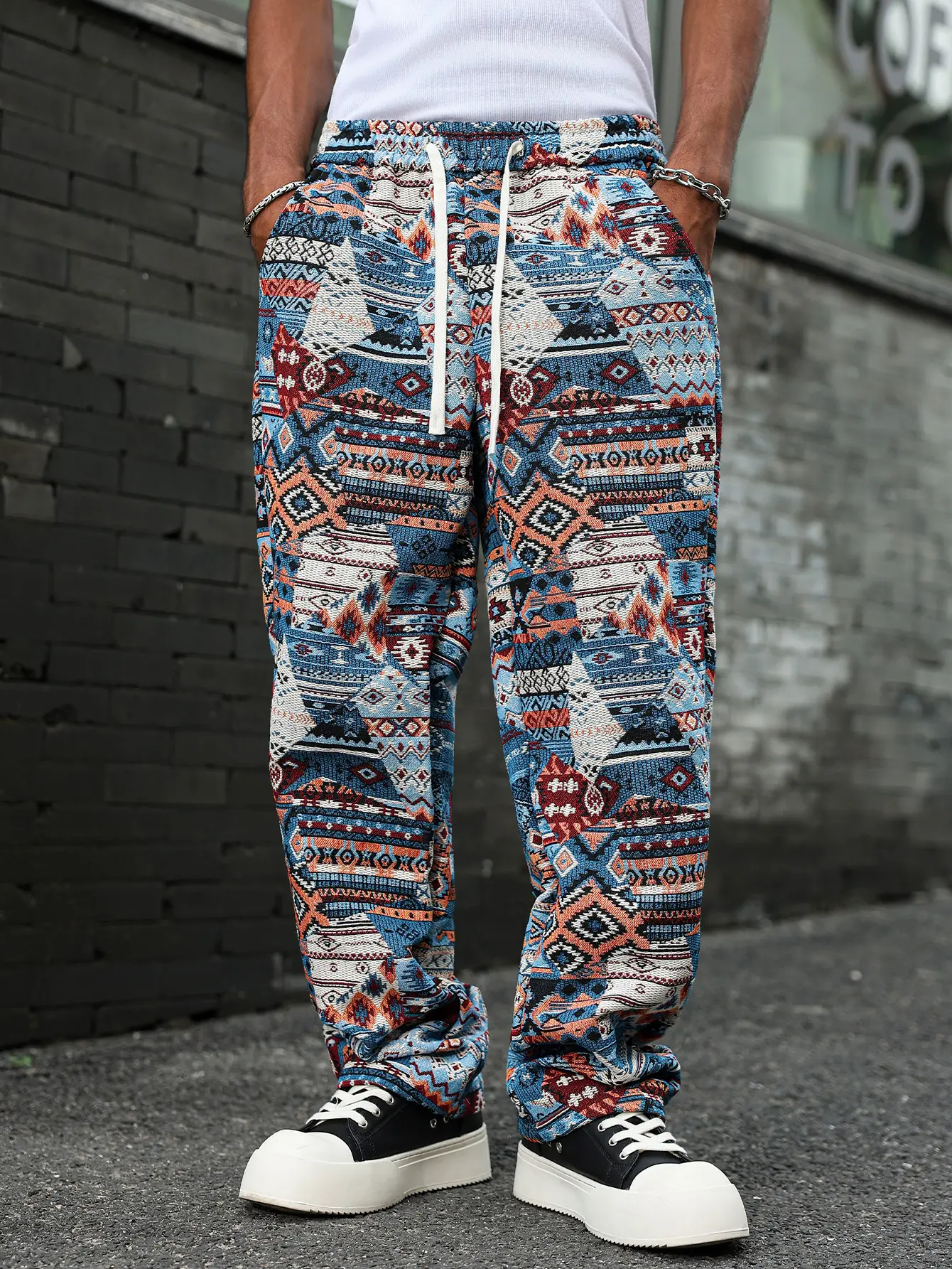 Men’s Vintage Floral Jacquard Straight-Leg Pants – Vibrant multicolored floral pattern, loose casual drawstring elastic-waist long pants, suitable for all seasons