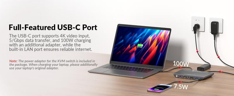 AV Access KD-E10 KVM Switch Docking Station for Laptop & Desktop, 100W Charging, 4K@60Hz Dual Monitor HDMI, 3x USB 3.0, 1G Ethernet, EDID Support