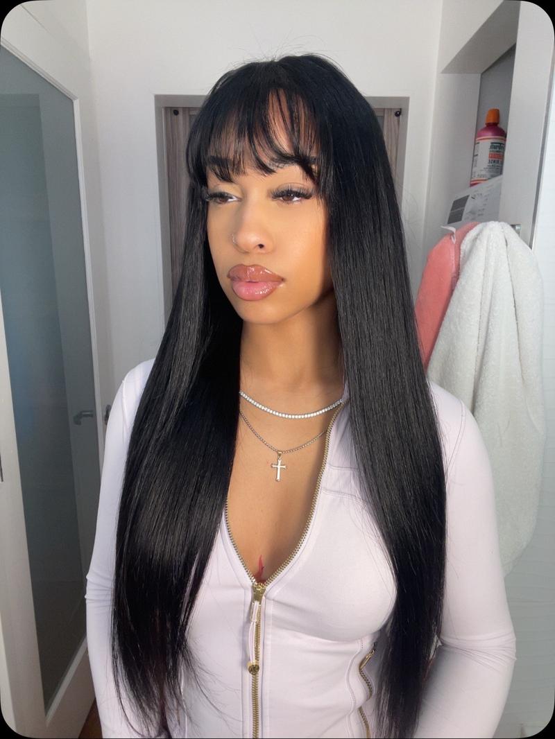 [New In]Mamushow Straight Wigs with Bangs Human Hair 2x4 Lace Wig with Drawstring 180% Density Middle Part for Black Women Glueless Machine Made Wigs