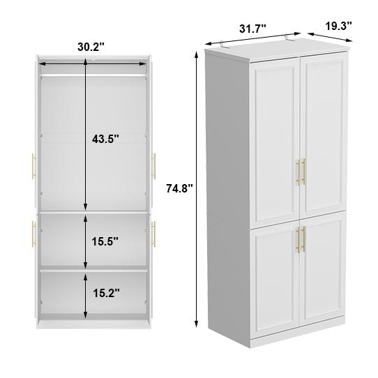 FUFU&GAGA 4 Door Wardrobe Closet with Shelves, Armoires and Wardrobes Wardrobe Closet with Hanging Rod, Gold Metal Handles, Bedroom Armoire Closet