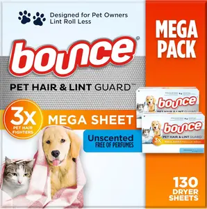 Bounce Pet Hair and Lint Guard Mega Dryer Sheets with 3X Pet Hair Fighters, Unscented, 130 Count
