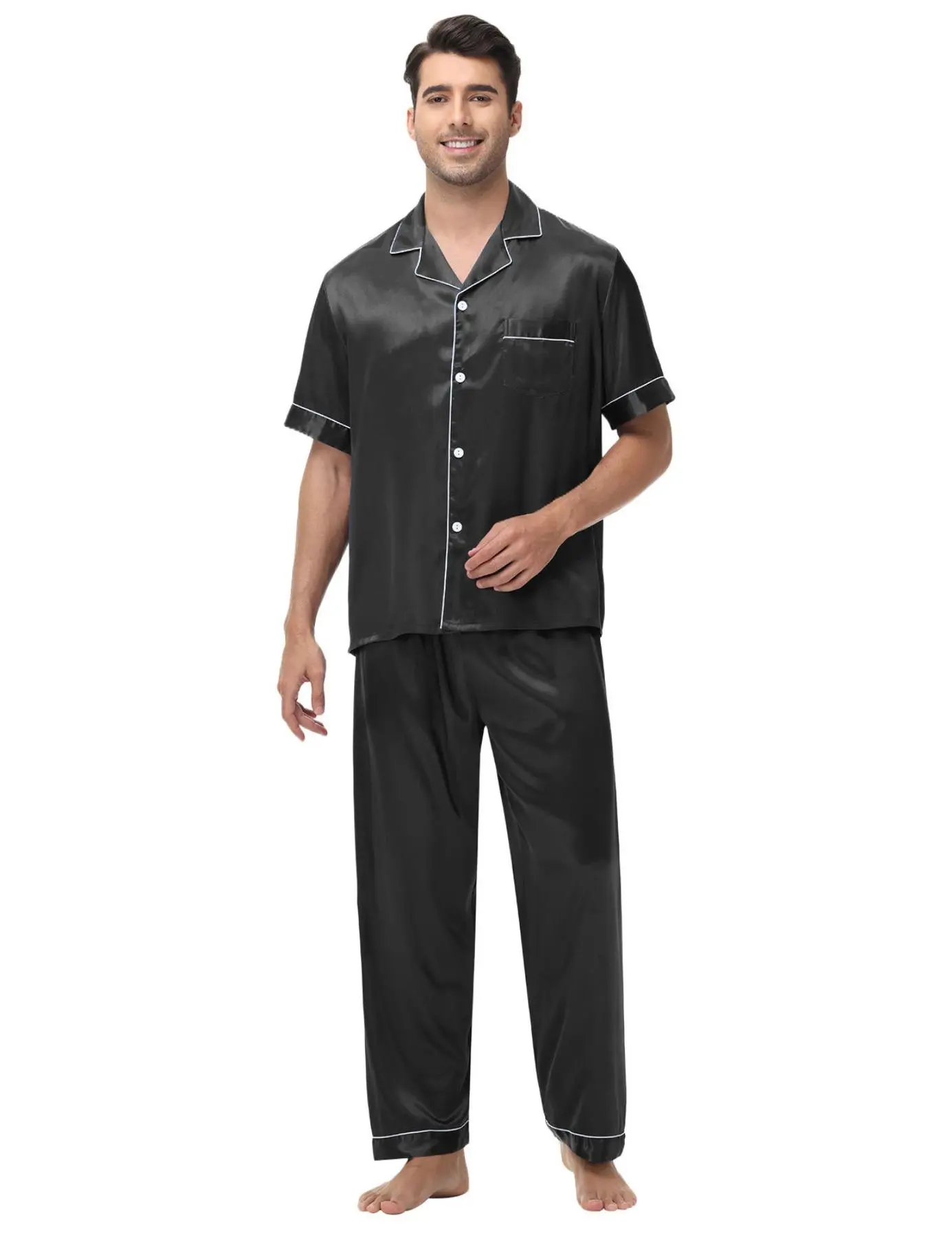 Men's Solid Button Closure Satin Pajama Two-piece Set, Regular Fit Casual Comfy Classic Short Sleeve Lapel Collar Pajama Top & Pants, Men's Sleepwear for All Seasons Loungewear