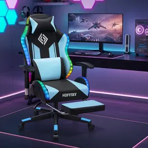 HOFFREE LED Gaming Chair for Kids Reclining Gaming Chairs for Teens 8-15 Computer Chair with RGB Lights Kids PC Game Chair with Footrest and Lumbar Support Video Game Chairs Blue and Black