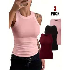 3-Pack Knit Round Neck Thick Strap Racerback Tank Tops Casual Collar