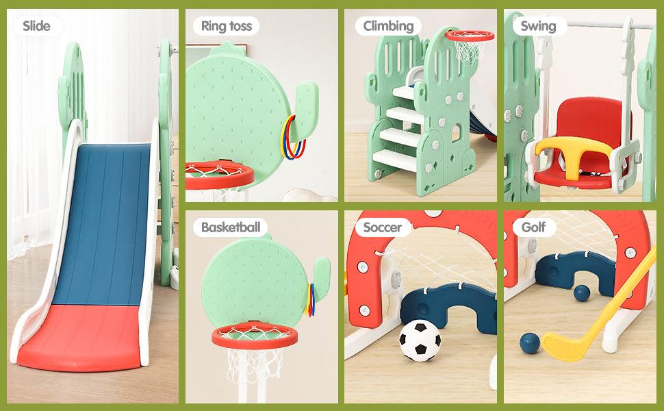 GARVEE 7-in-1 Toddler Indoor/Outdoor Playground Set with Slide, Adjustable Swing, Climbing Ladders, Basketball Hoop, Soccer, Golf, and Ring Toss for Ages 1-3 - Perfect for Active Play and Fun!