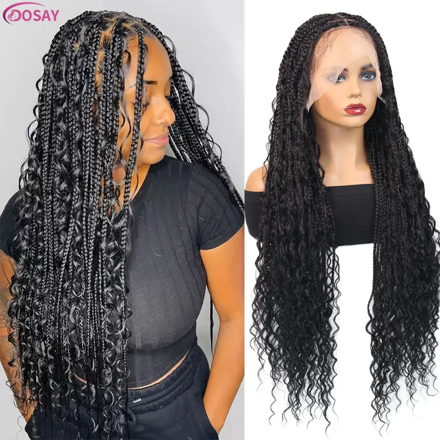 Dosay Synthetic Locs Goddess Boho Braided Wigs 32'' Knotless Box Braids 13X6 Lace Front Cornrow Braids with Curly Hair For Black Women