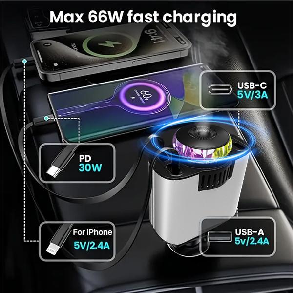 Smart Portable Car Air Freshener with Starlight Diffuser ,Intelligent Sensing & Atmosphere Lighting - Retractable Car Charger & Aromatherapy Diffuser ,Christmas Perfect Gift for Men