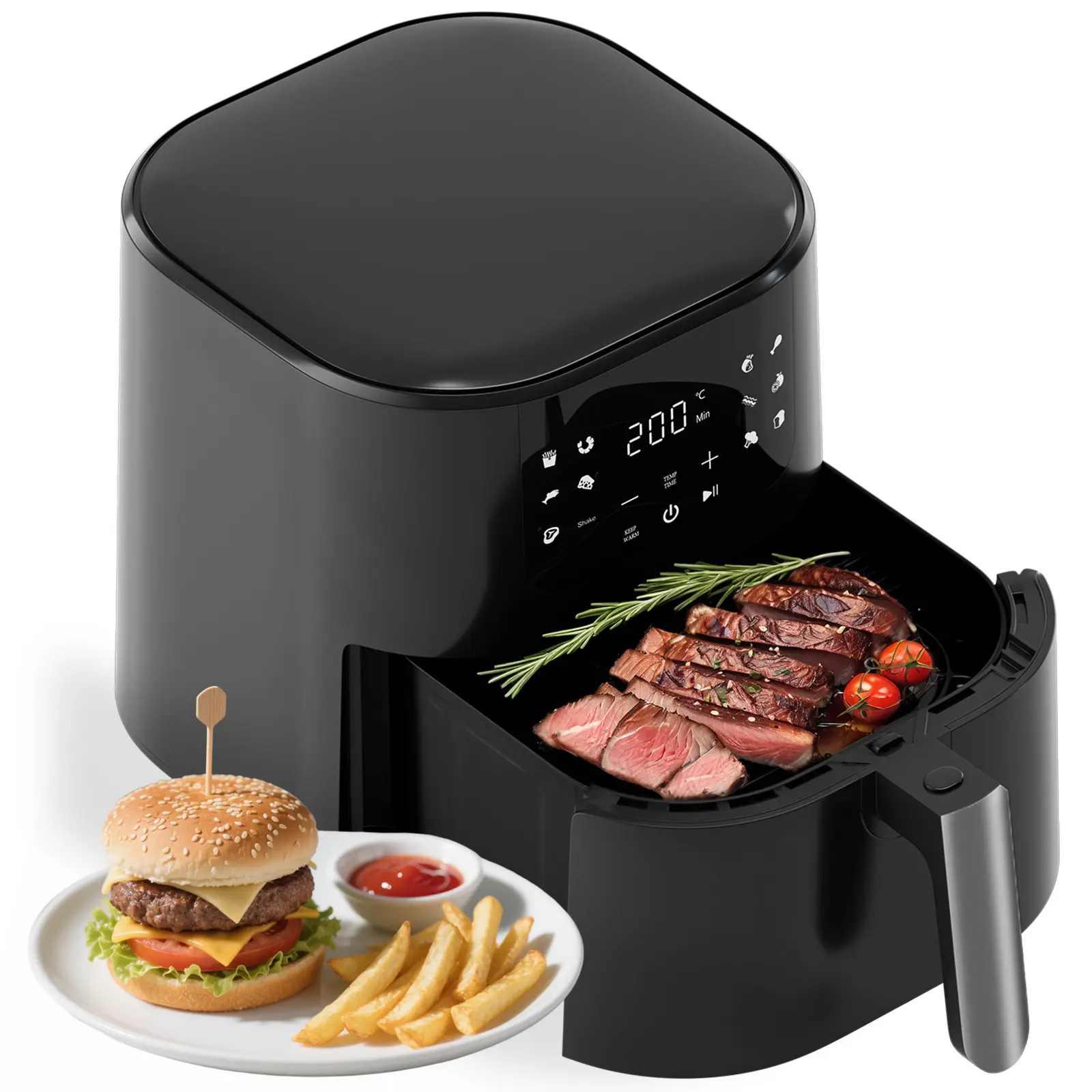 Comhoma 8-in-1 Kitchen Air Fryer, 5 QT Capacity, 180°F-400°F Precision Heating, Cool-Touch Handle, Air Fry, Roast, Broil, Reheat, Dehydrate, Less Oil Crisping, Shake Reminder, Large Touch Display with Auto Menus