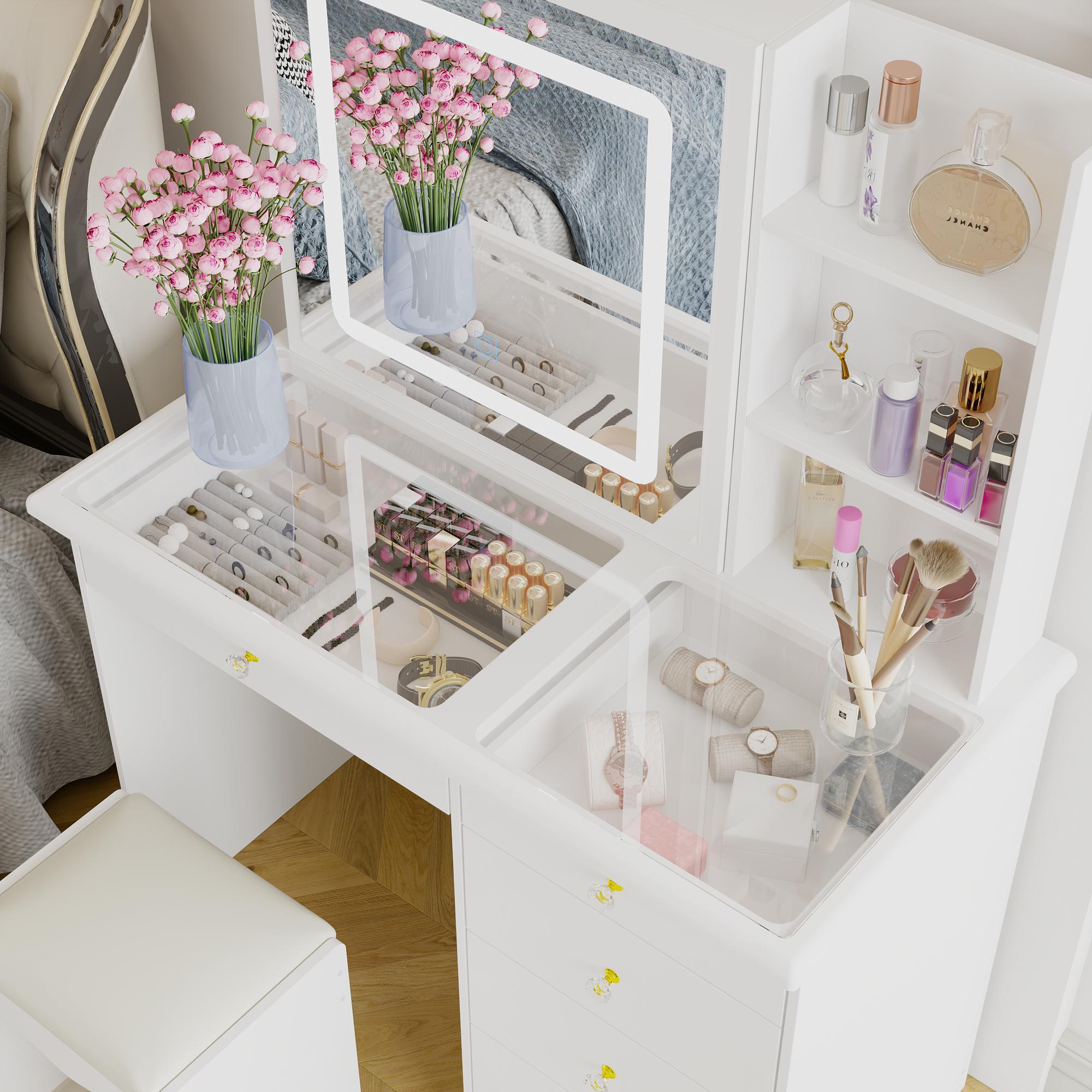 FUFU&GAGA Large Vanity Table Set with Sliding Lighted Mirror, Dressing Table with Drawers, Cushioned Stool, and Storage Capacity for Makeup and Beauty Supplies