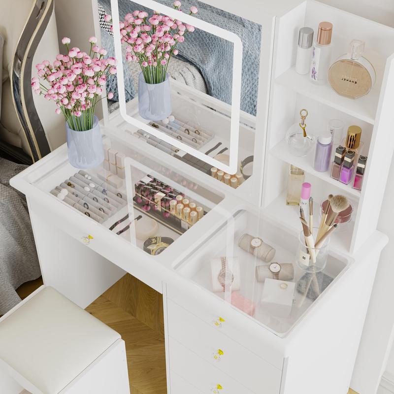 FUFU&GAGA Large Vanity Table Set with Sliding Lighted Mirror, Dressing Table with Drawers, Cushioned Stool, and Storage Capacity for Makeup and Beauty Supplies
