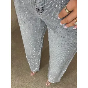 Women Shiny Rhinestone Denim Pants Wide Leg Straight Full Diamond Jeans for Female Dragging High Street Outwear Trousers Fashion Womenswear