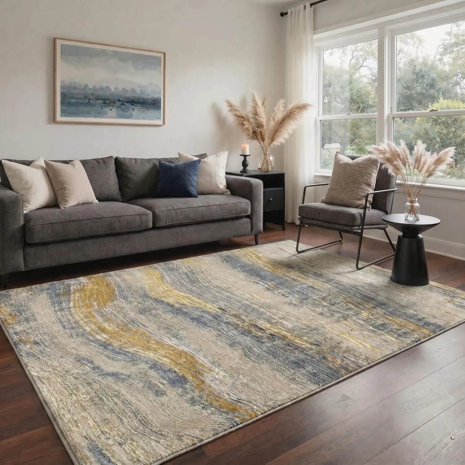 【Back To School】GENIMO Area Rug, Abstract Waves Washable Rug with Non Slip Backing Low Pile, Lightweight Chenille Print Pattern Carpet for Living Room Bedroom Dining Room, Golden Beige