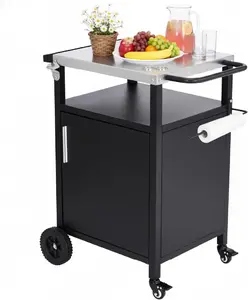 ROVSUN Outdoor Grill Table Cart with Cabinet, Stainless Steel Movable Kitchen Island with Large Storage Cabinet, Multifunction Food Prep Table with Bottle Opener and Seasoning Tray, for Patio, Home