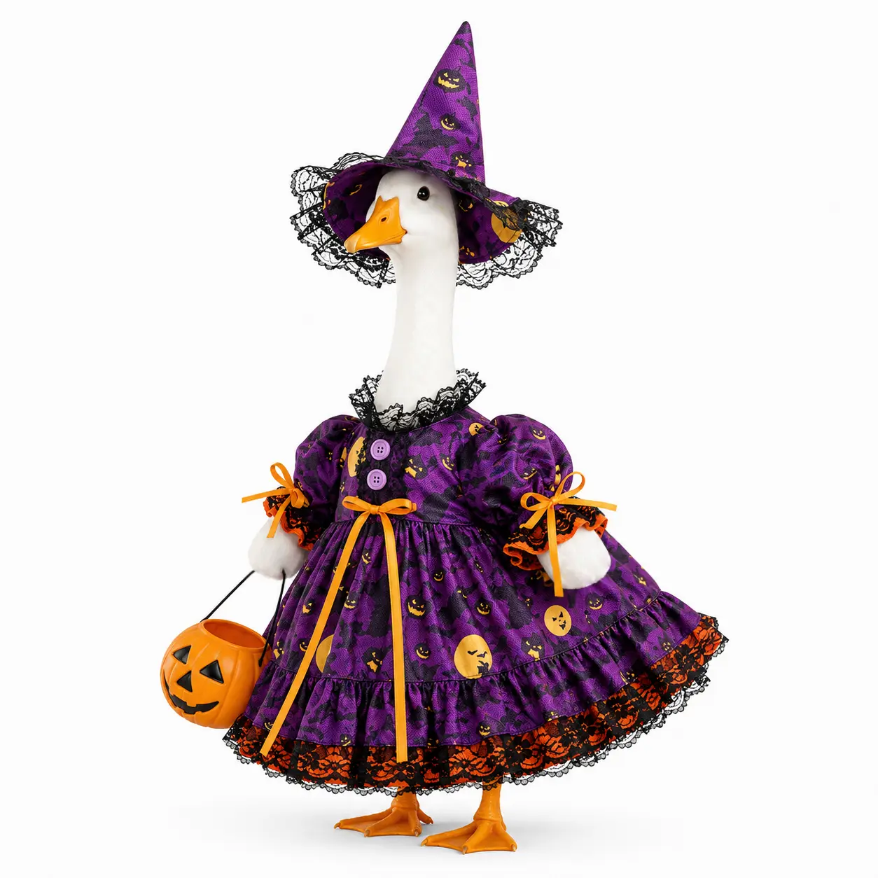 Halloween Porch Goose Outfit for 23'' Porch Goose Statue Witch Goose Clothes with Lolita Dress, Hat, Pumpkin Basket Purple Halloween Goose Costume for Outdoor Patio Yard Lawn Art Patio Decor