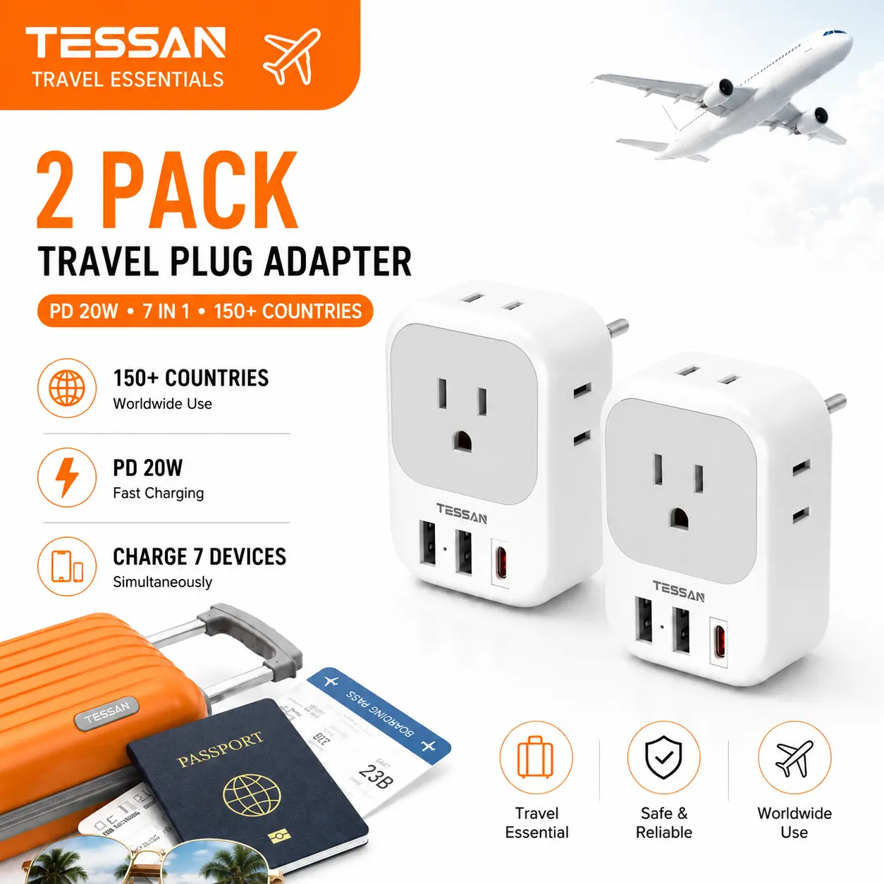 TESSAN 2 Pack European Travel Plug Adapter, Europe Power Converter 4 Outlets 3 USB (1 USB C PD 20W), International Adaptor for Europe, UK, South Africa, Germany, Italy, Japan, Australia & More, Travel Essentials