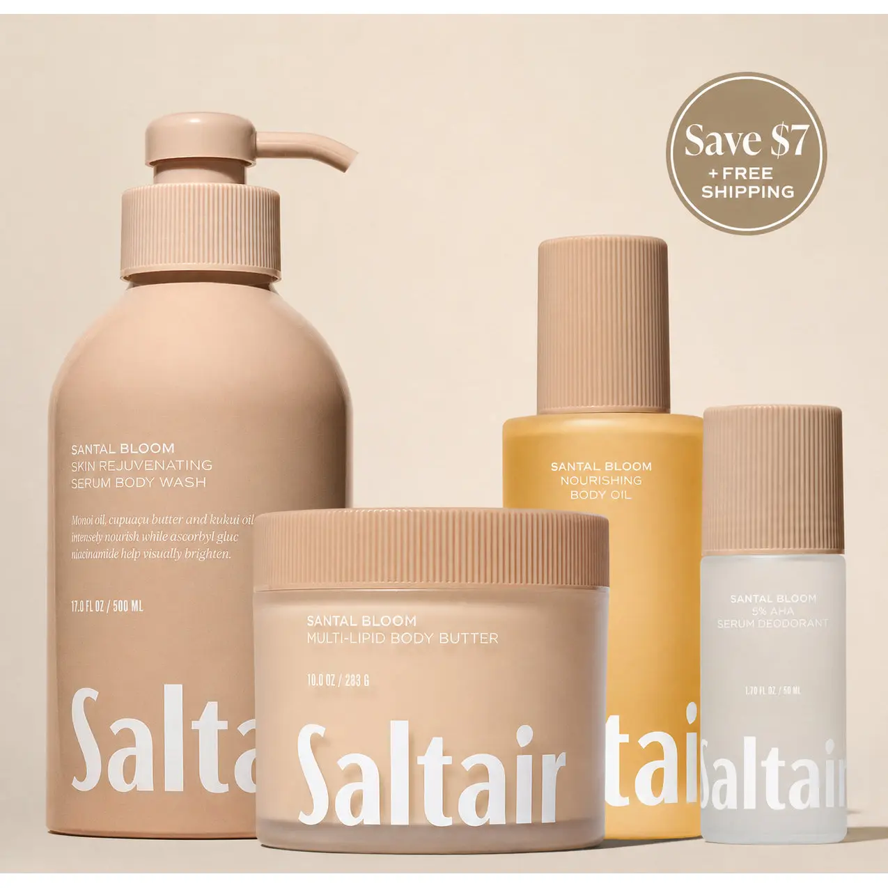 Saltair Santal Bloom Bodycare Vault Set - Serum Body Wash (17 fl oz), Serum Deodorant (1.7 fl oz), Nourishing Body Oil (4 fl oz) & Multi-Lipid Body Butter (10 oz) Bundle for Soft, Glowing Skin -  Creamy Sandalwood, Sheer Amber, Sensual Musks
