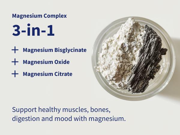 Snap Supplements - 3 in 1 Magnesium Complex - High Absorption - 60 Servings - Natural Supplement Capsules