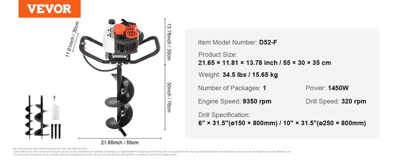 VEVOR Post Hole Digger, TikTokShopBlackFriday, 52cc 1450W Auger Post Hole digger, Gas Powered Earth Digger with Two Earth Auger Drill Bit 6" & 10" and 3 Extension Rods, for Farmland, Garden and Plant, EPA certification VEVOR Super Brand Day