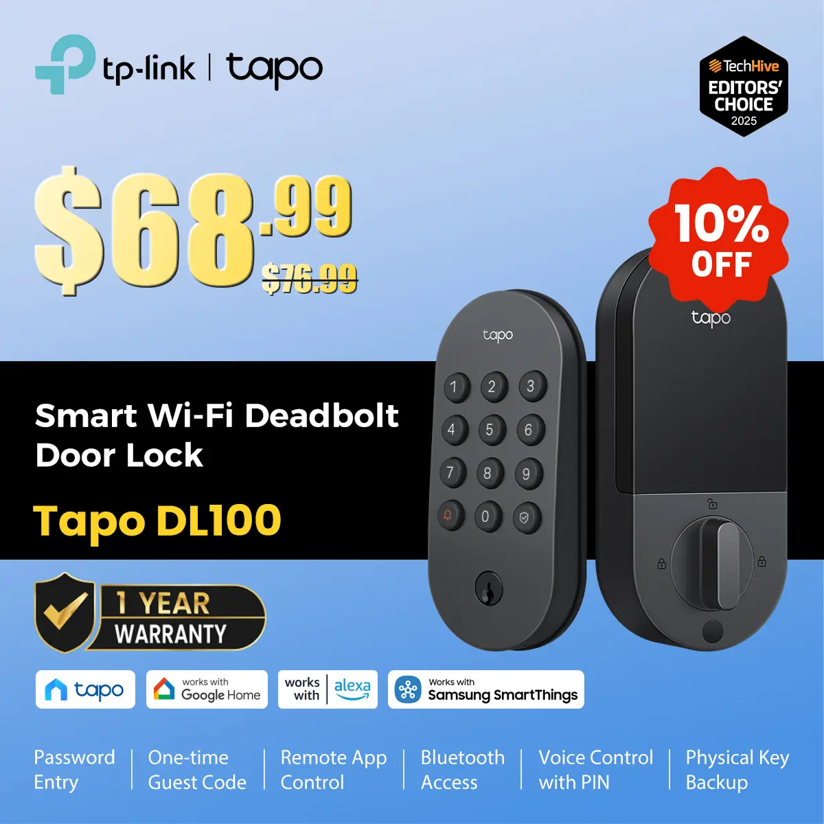 TP-Link & Tapo DL100 Wi-Fi Deadbolt Door Lock – Keyless Tactile Buttons, Customized Access with in-App Monitoring, Auto-Lock, IP54 Weatherproof, BHMA Grade 3, Compatible with Standard Door Sizes,back to school,back to school haul