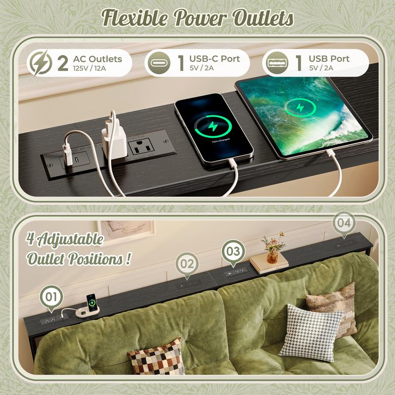 Huuger 102.4/110.2 Inch Sofa Table with Power Outlets, 23.9’’-34.4’’ Height Adjustable Range, Behind Couch Table with USB-C Ports, Sofa Tables Narrow Long, Skinny Console Table, Small Spaces