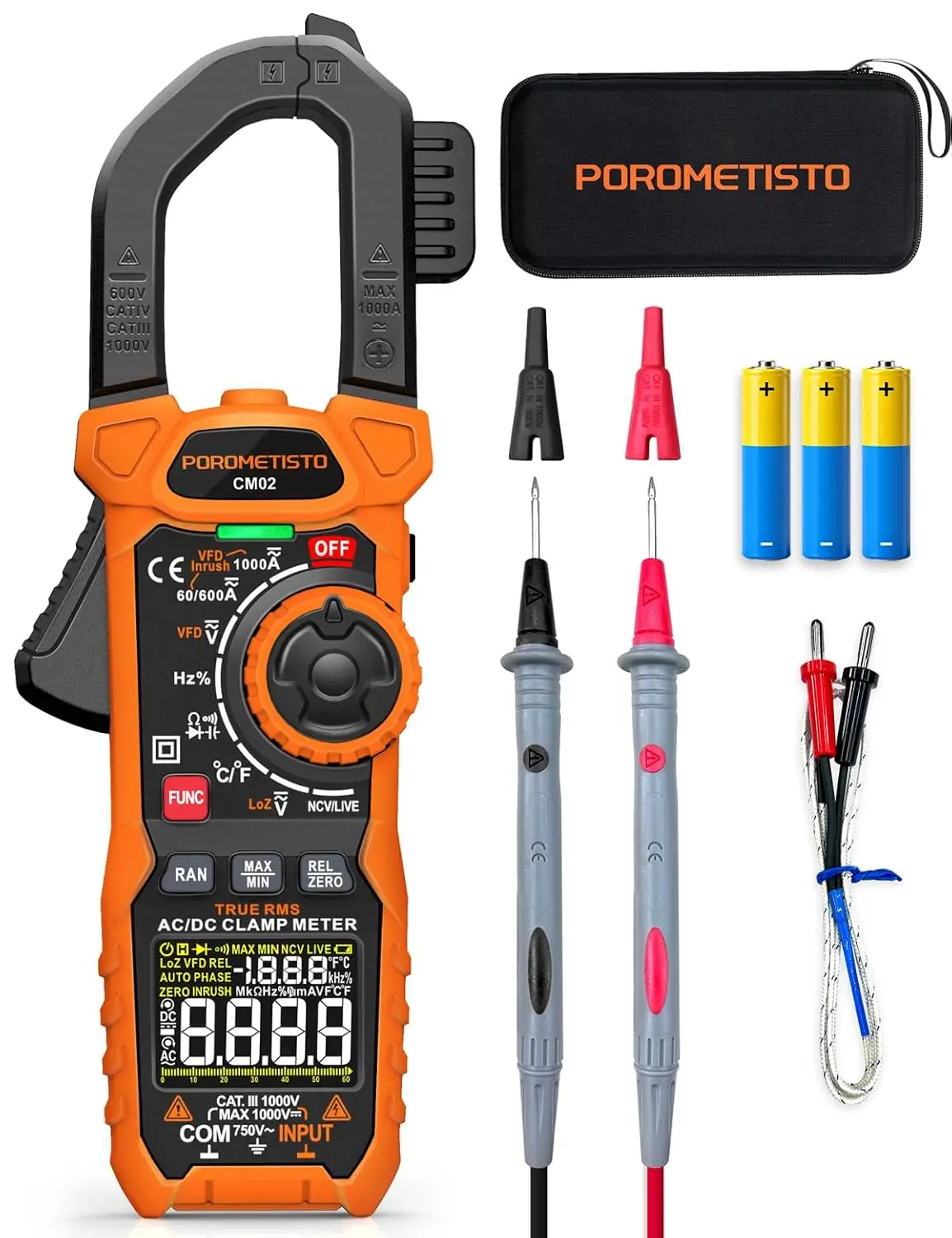 CM02 6000 Counts Digital Clamp Meter, True RMS Multimeter with Inrush Current, VFD, NCV Detection, 40mm Jaw, ℃/℉ Switch, Professional Electrical Tester for HVAC Automotive Ncv Voltage Detector, Alkaline, 2 Test Leads