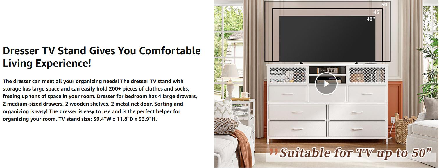 RaybeeFurniture Dresser with 7 Drawers for Bedroom, TV Stand with Power Outlet, TV Stands for Living Room Dresser for Bedroom, TV Console Table with Storage Entertainment Center,Metal Door